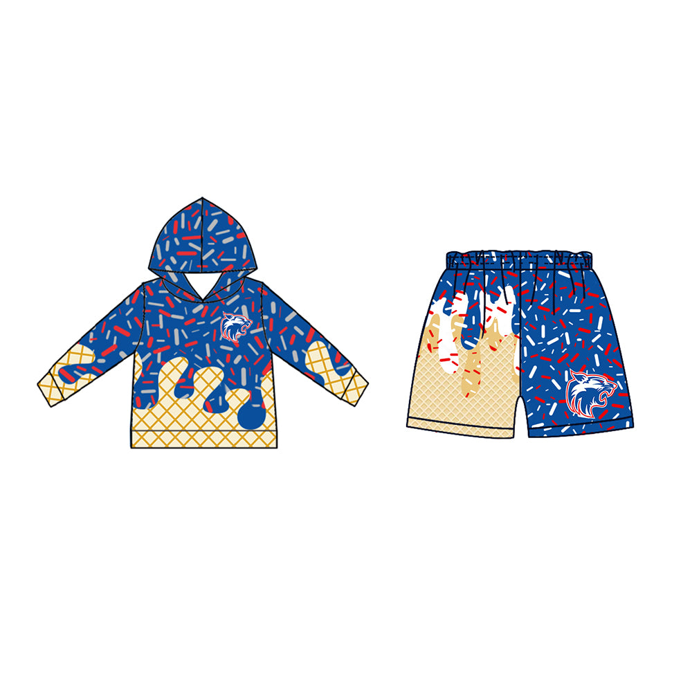 Custom moq 5 mix size milk silk baby girls clothes team bow blue hooded long sleeve tops and shorts-25.7.19