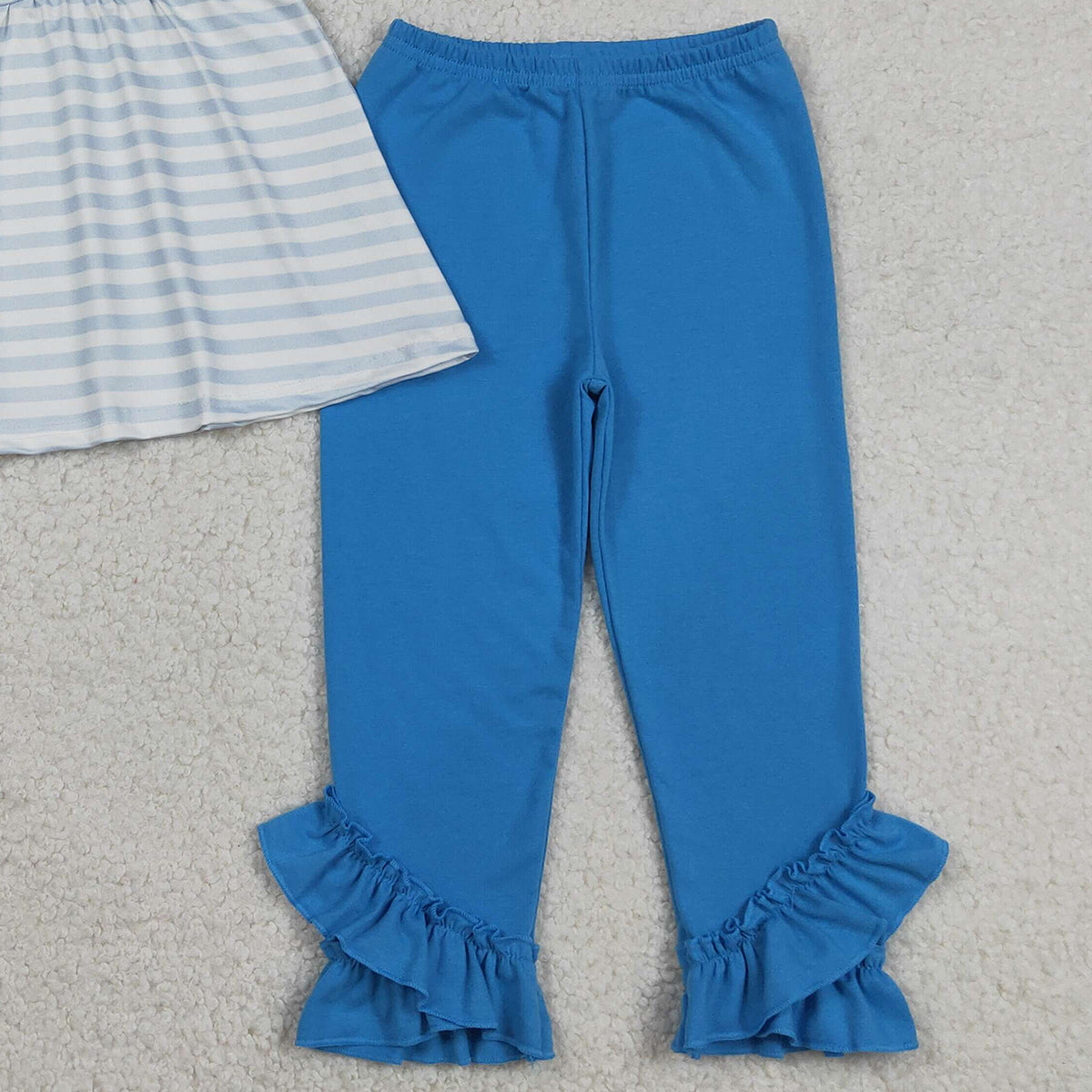 RTS NO MOQ GSPO2136 Baby Girls Blue Stripe Tunic Ruffle Pants Outfit Set Baby Clothing Set for Girls