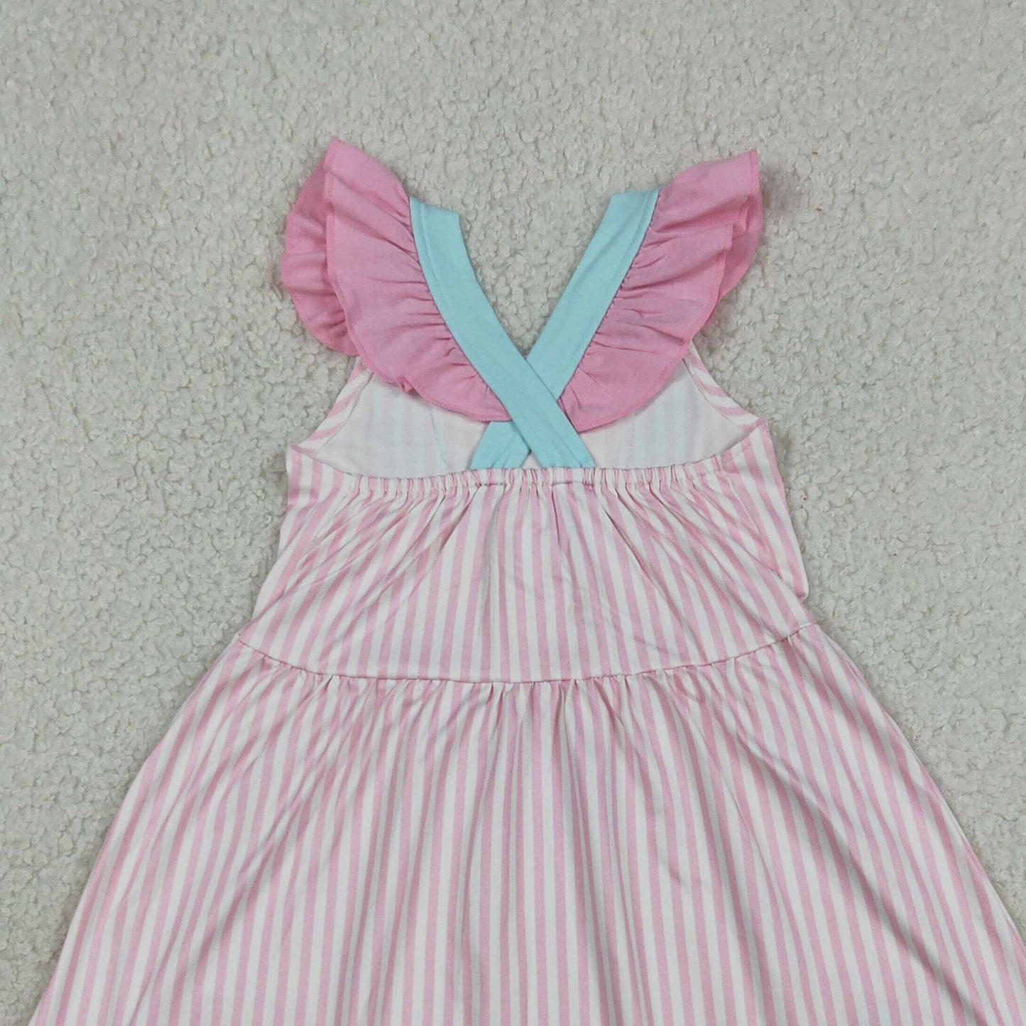 RTS NO MOQ milk silk GSD3958 Baby Girls Embroidery Pink Stripe Button Bows Pockets Knee Length Dresses