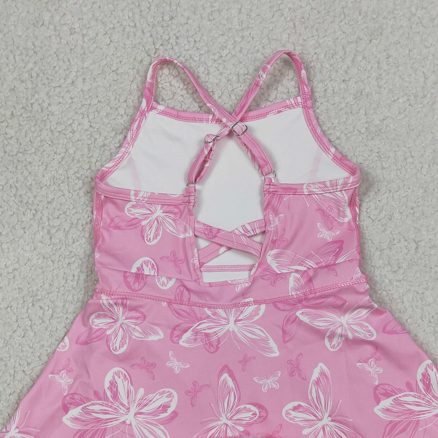 RTS NO MOQ yoga fabric GSD2292 Baby Girls Pink Strap Butterfly Ruffle Knee Length Dress