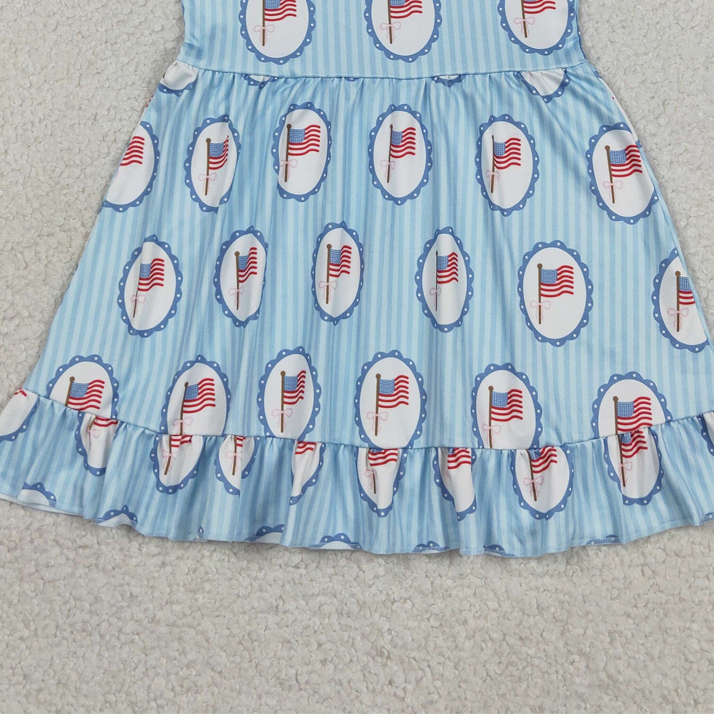 RTS NO MOQ milk silk GSD3792 Baby Girls Cute Blue Stripe Bow Flags 4th of July Knee Length Dresses