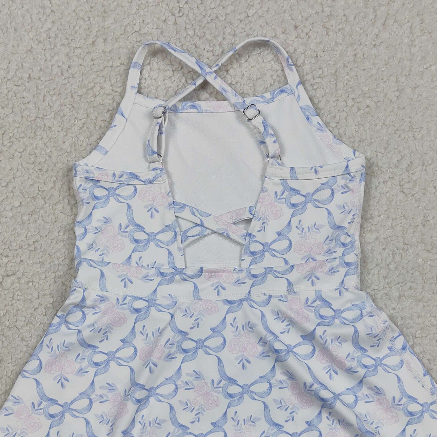 RTS NO MOQ GSD2580 Baby Girls Summer Strap Floral Blue Bow Ruffle Athletic Yoga Dress（12-18M-14-16T）