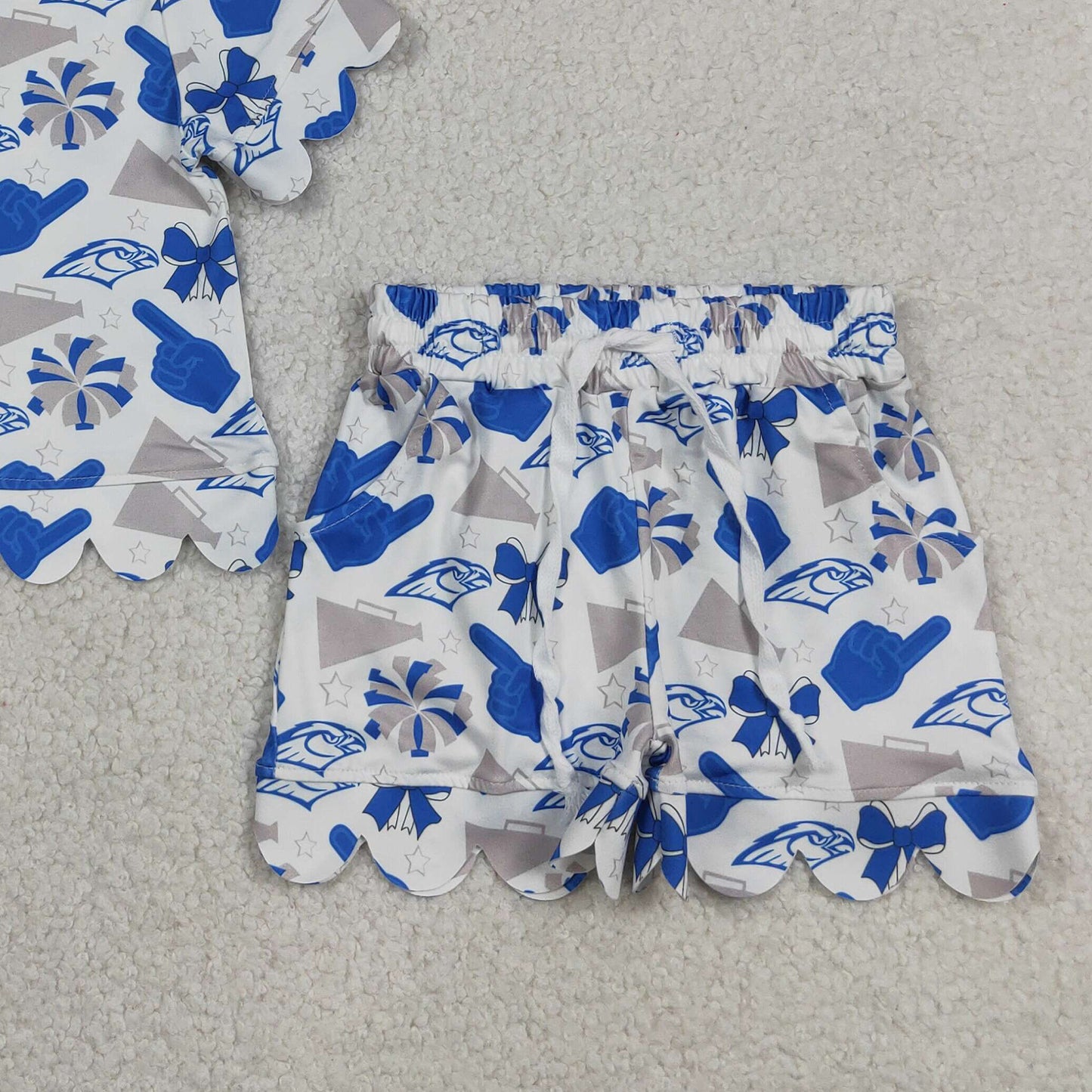 RTS NO MOQ milk silk GSSO3408 Baby Girls Bows Cheer Top Elastic Waist Scallop Pocket Shorts Set