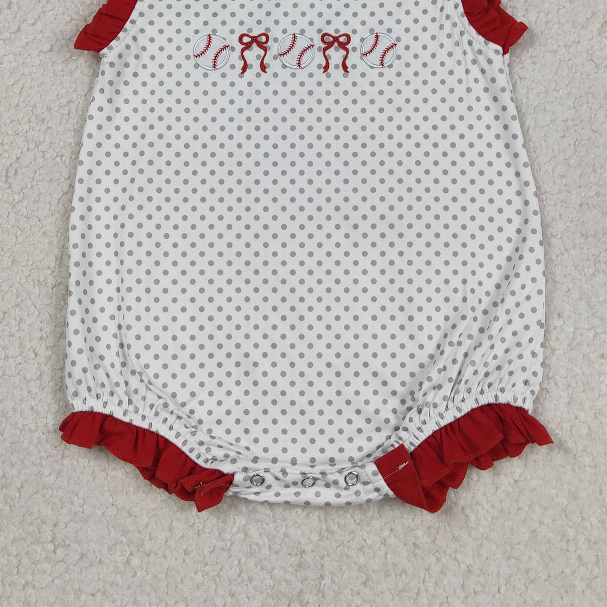 RTS NO MOQ SR3581 Baby Girls Polka Dots Team Ruffle Rompers with Embroidery Bows And Baseballs