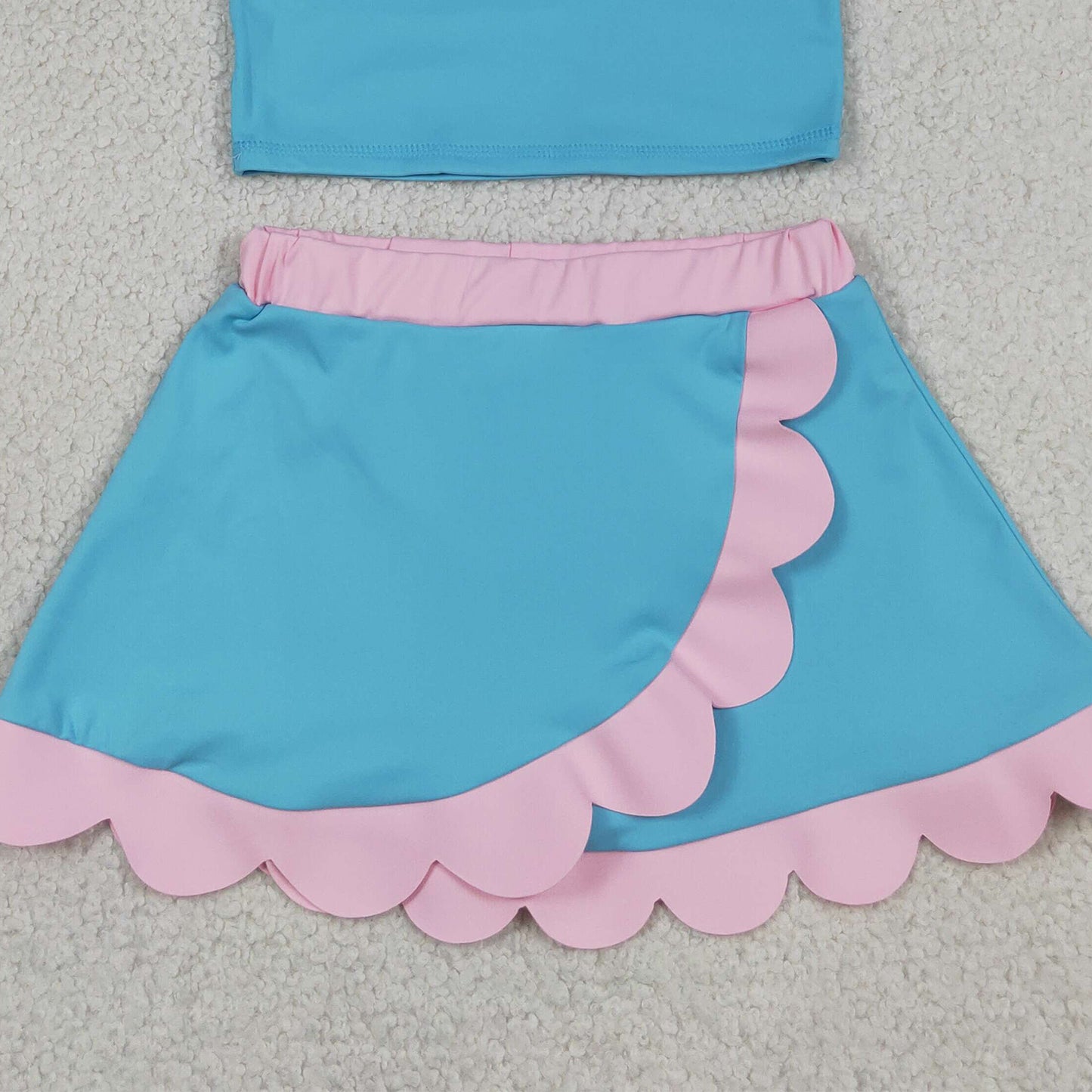 RTS NO MOQ yoga fabric cotton GSD4013 Yoga Baby Girls Cute Sleeveless Lake Blue Vest Scallop Skirt Yoga Set
