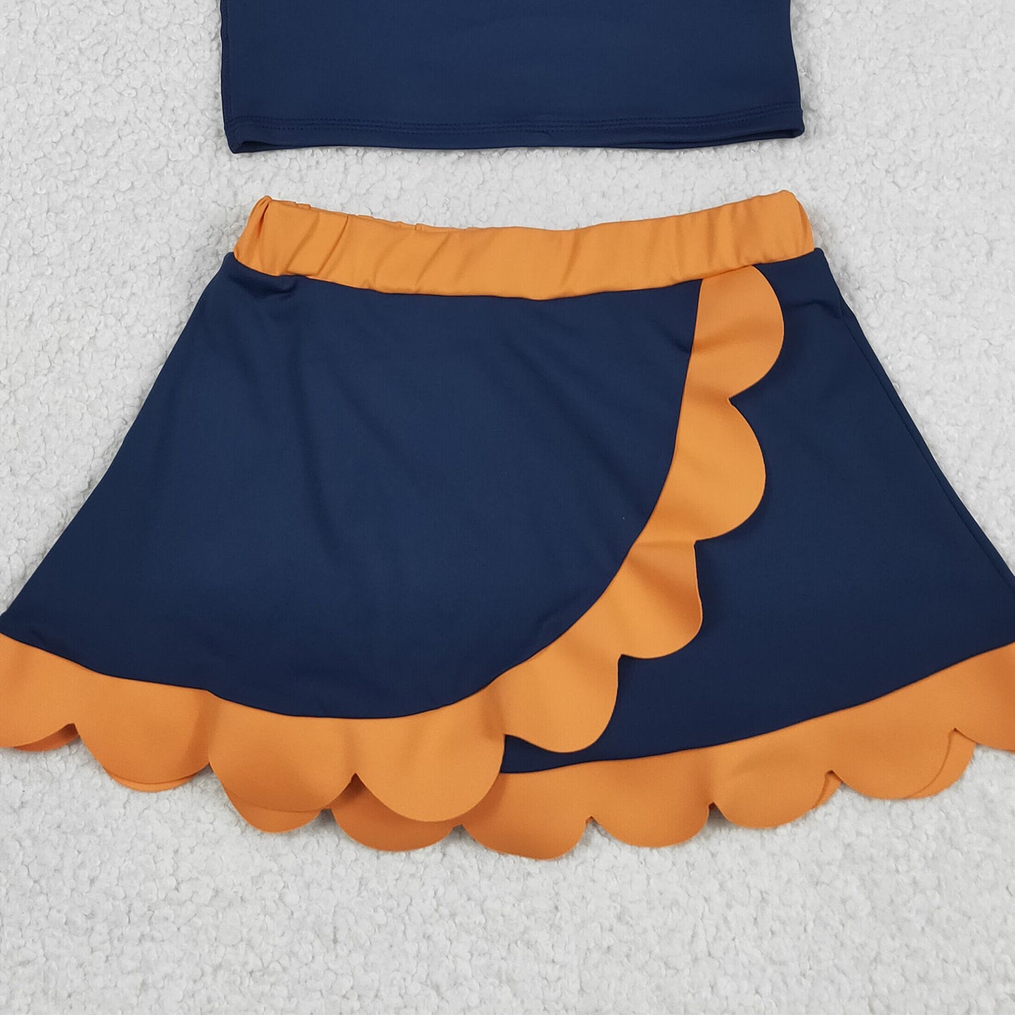 RTS NO MOQ yoga fabric cotton GSD4017 Baby Girls Navy Orange Vest Scallop Skirt Short Yoga Active Clothes Set
