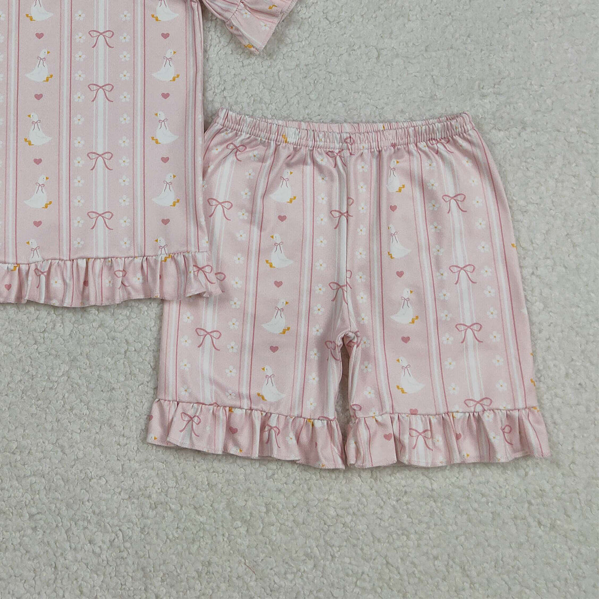 RTS NO MOQ GSSO3330 Baby Girls Bow Goose Stripe Top with Ruffle Shorts Pajamas Clothes Set Cute Infant Outfit