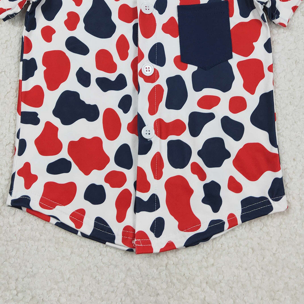 RTS NO MOQ BT1656 Baby Boys 4th of July Shirt Red Blue Cow Print Button Pocket Top for Boys