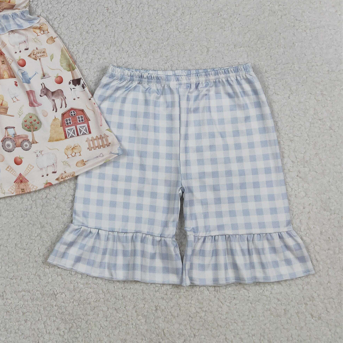 RTS NO MOQ GSSO3077 Baby Girls Farm Animal Print Sleeveless Tunic with Ruffle Checked Shorts Set Cute Pig Cow Outfit for Little Ones