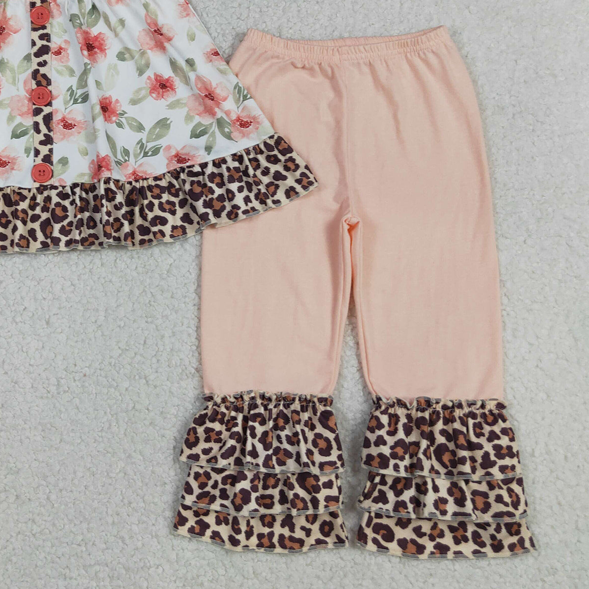RTS NO MOQ GSPO1044 Baby Girls Leopard Flower Print Tunic with Ruffle Pants Outfit Set Cute Baby Girl Clothing Set