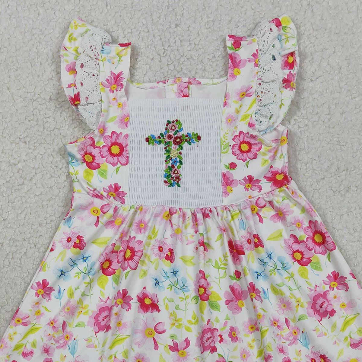 RTS NO MOQ GSD3313 Smocked Floral Cross Baby Girls Easter Lace Ruffle Knee-Length Dresses