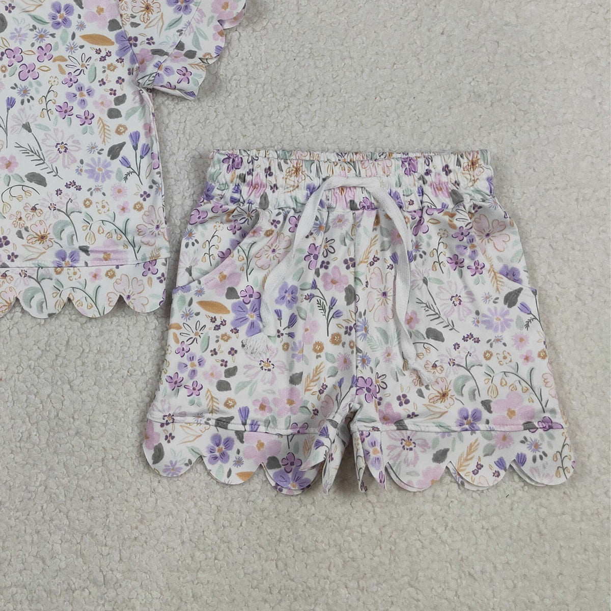 RTS NO MOQ GSSO3267 Baby Girls Lovely Colorful Flowers Short Sleeve Top Pocket Scalloped Shorts Two Piece Set