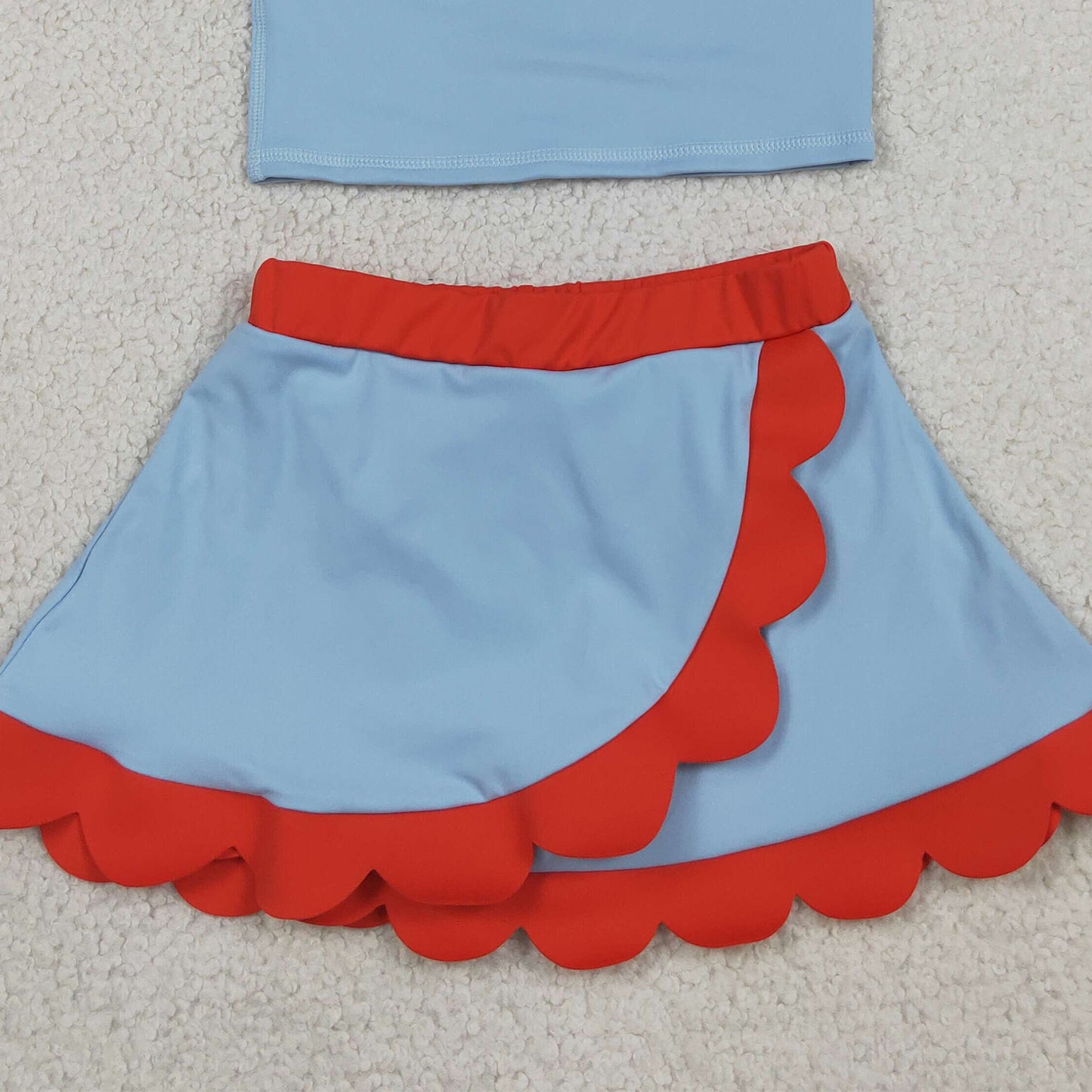 RTS NO MOQ yoga fabric cotton GSD4020 Baby Girls Cute Blue Red Sleeveless Vest Scallop Skort Active Set