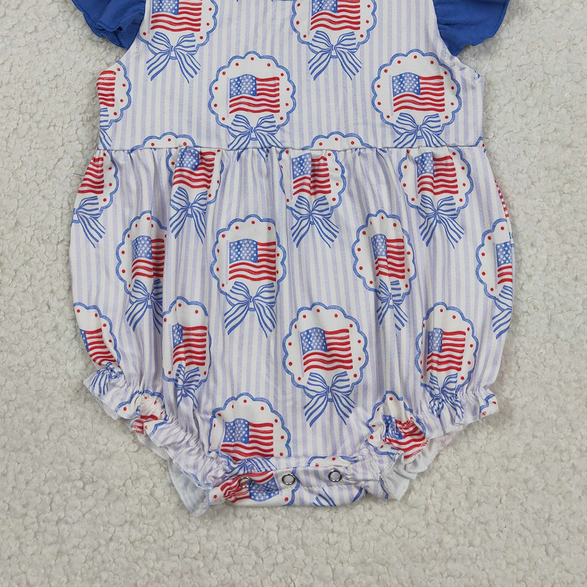 RTS NO MOQ SR4029 Baby Girls 4th of July Ruffle Rompers with Flutter Sleeves Stripe Bows Flags