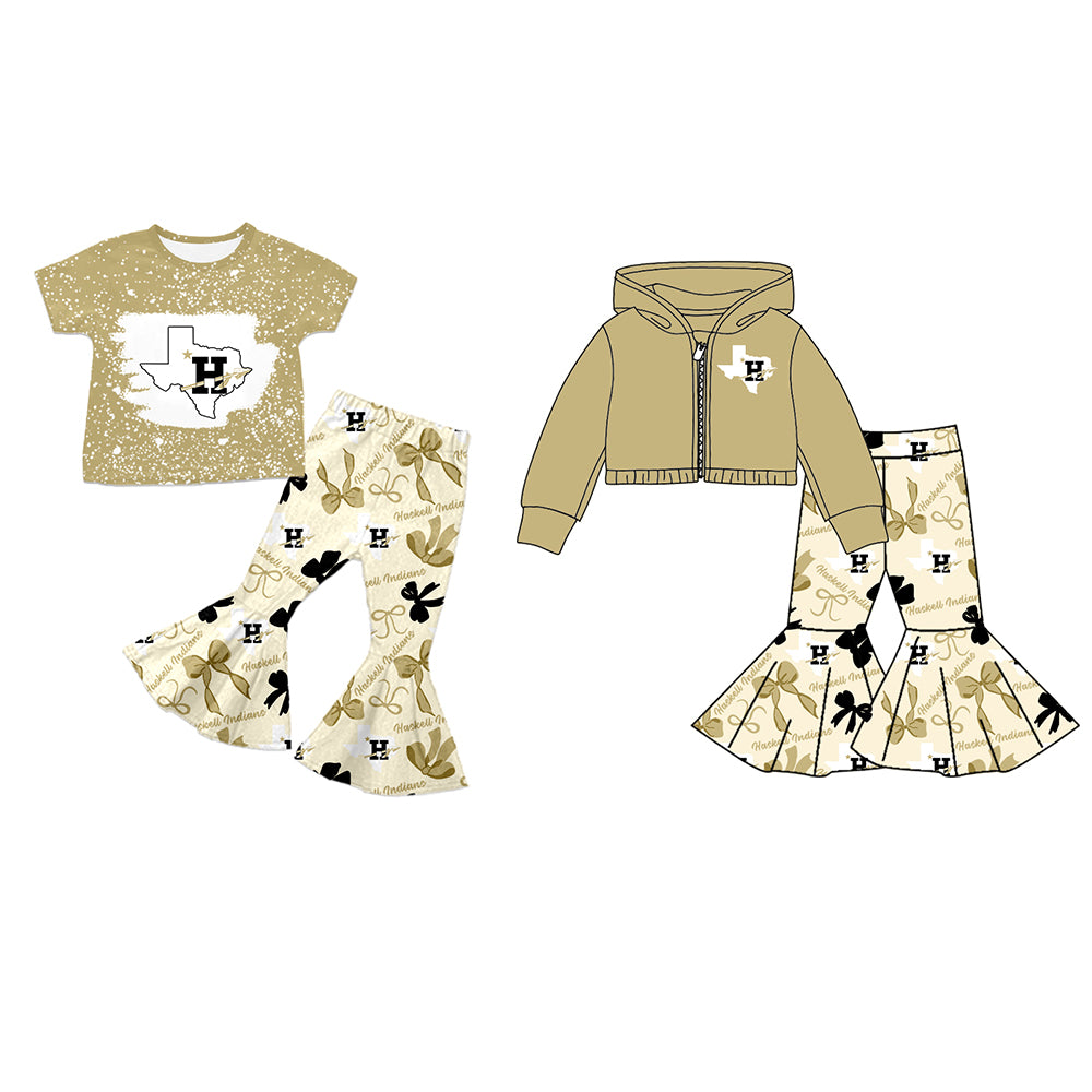 Custom moq 5 mix size milk silk summer teams baby girls clothes bow khaki short sleeve pants sets and hooded long sleeve pants sets-25.7.21