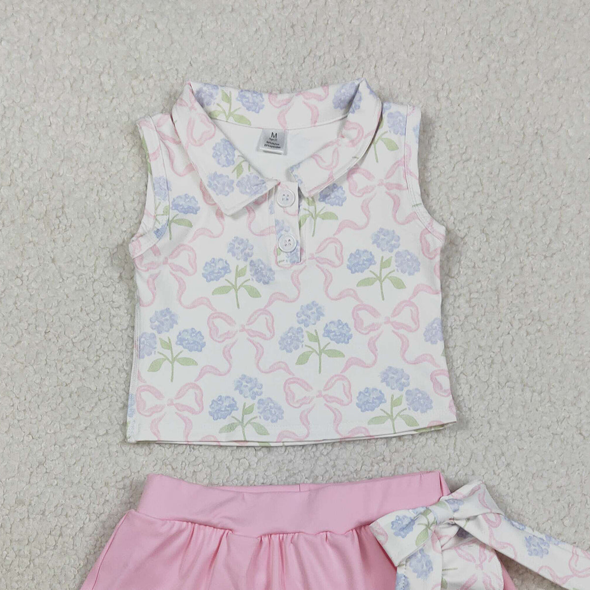 RTS NO MOQ GSD3478 Baby Girls Yoga Active Clothes Set Bows Flowers Button Vest Top Ruffle Skirt Shorts