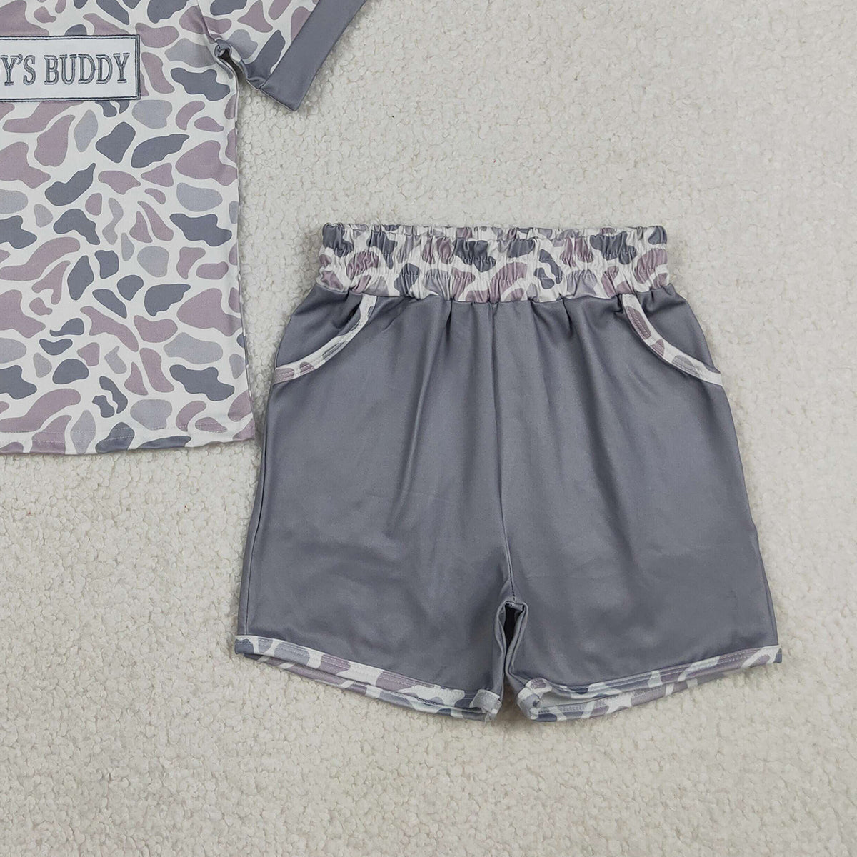 RTS NO MOQ BSSO1838 Baby Boys Light Grey Camo Embroidery Daddy's Buddy Top Pockets Shorts Set