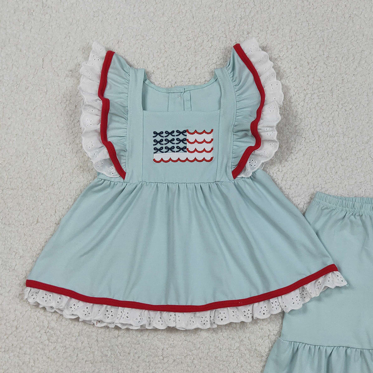 RTS NO MOQ GSSO2926 Embroidered Baby Girls' 4th of July Outfit Set with Flutter Sleeve Tunic And Ruffle Shorts