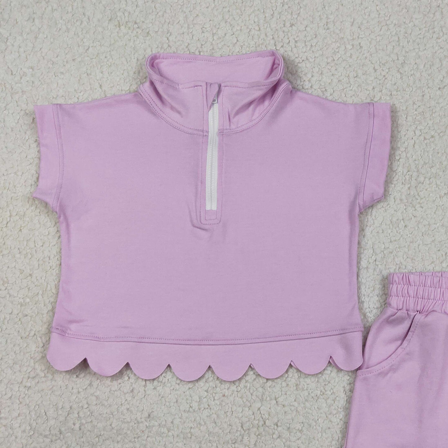 RTS NO MOQ cotton GSSO3378 Baby Girls Pink Zipper Pullover Checked Scallop Pocket Clothes Set