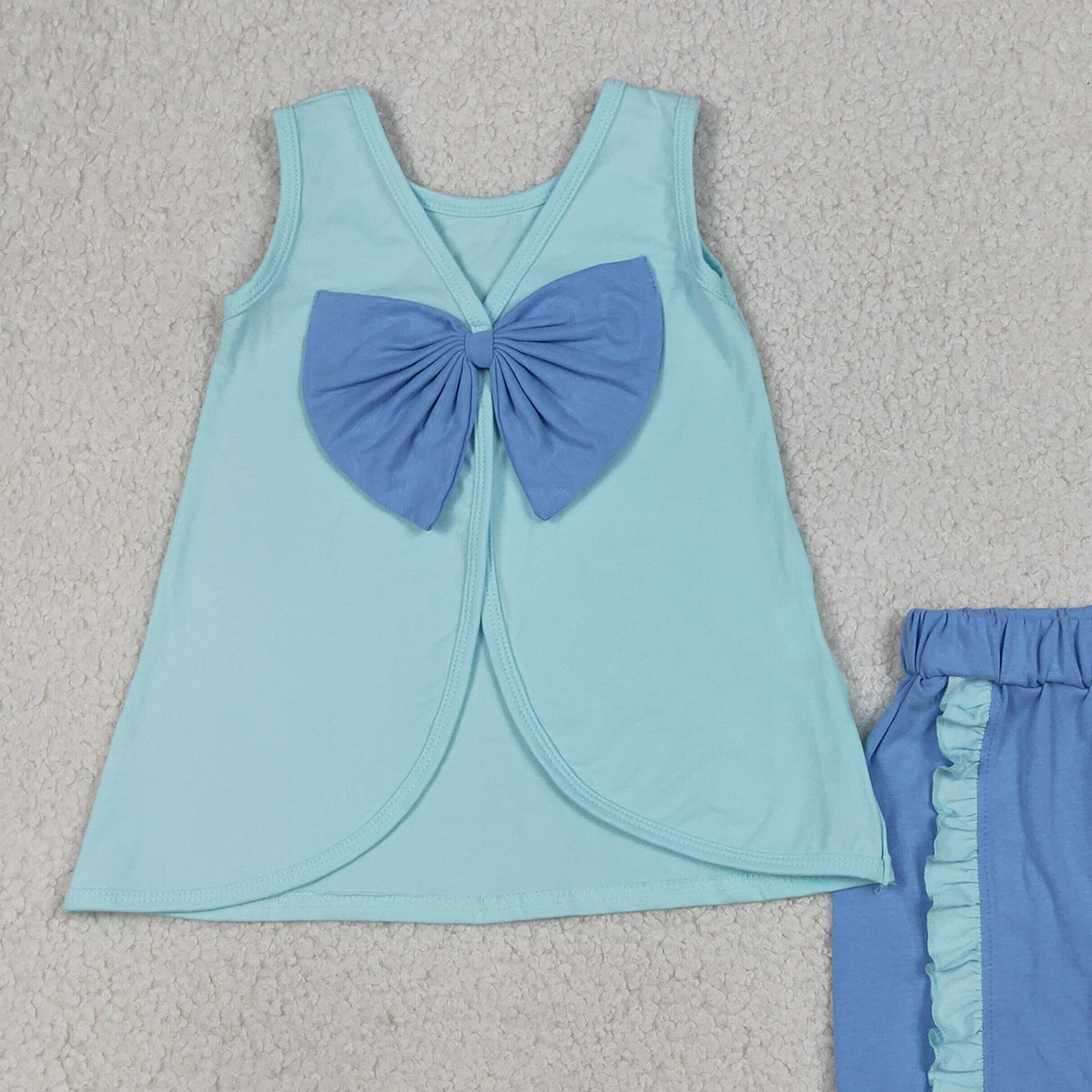 RTS NO MOQ GSSO3463 Baby Girls Blue Sleeveless Tunic with Back Bows Ruffle Shorts Outfit Set for Infants