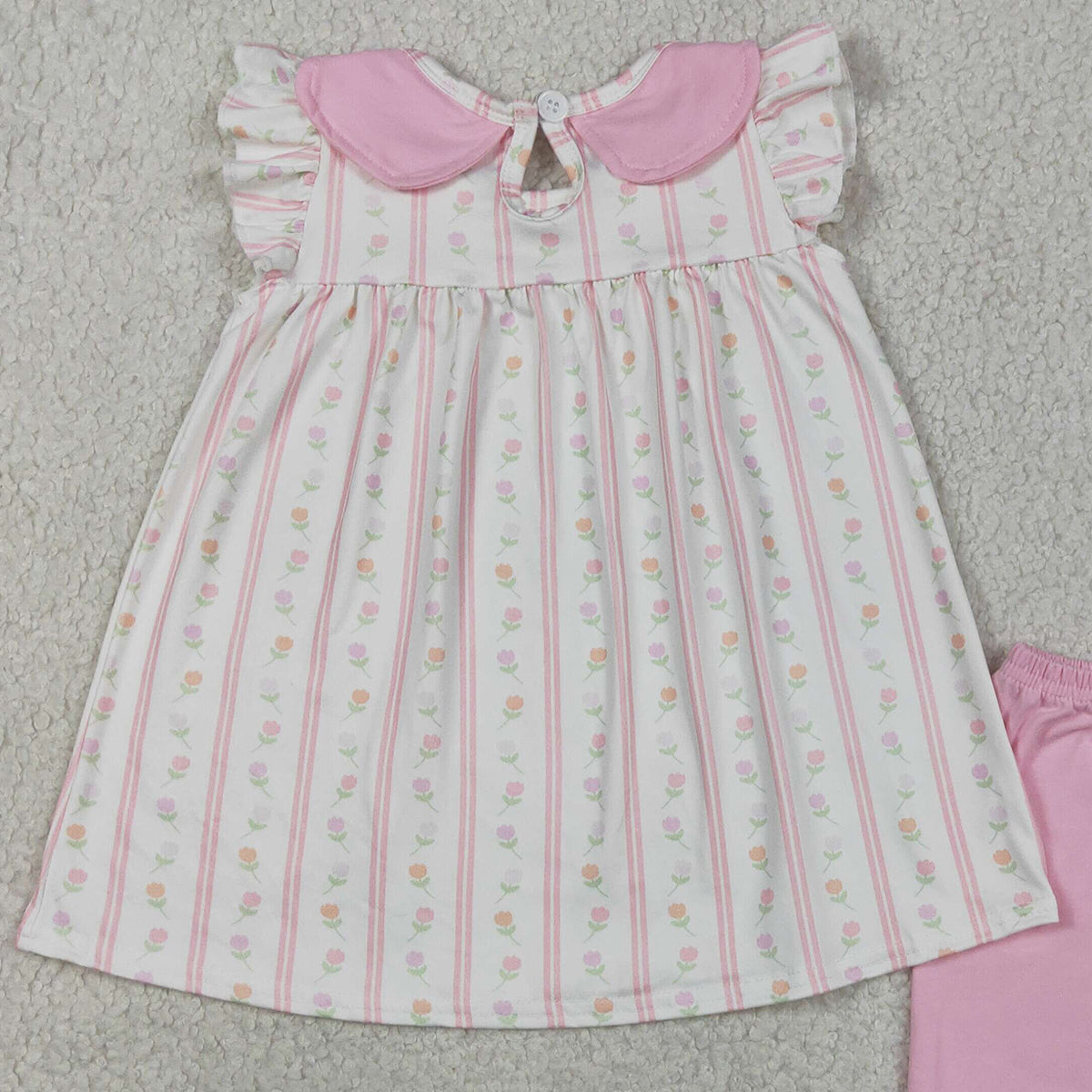 RTS NO MOQ GSSO3363 Baby Girls Pink Flowers And Stripe Collar Tunic with Ruffle Shorts Outfit Set Cute Infant Clothing