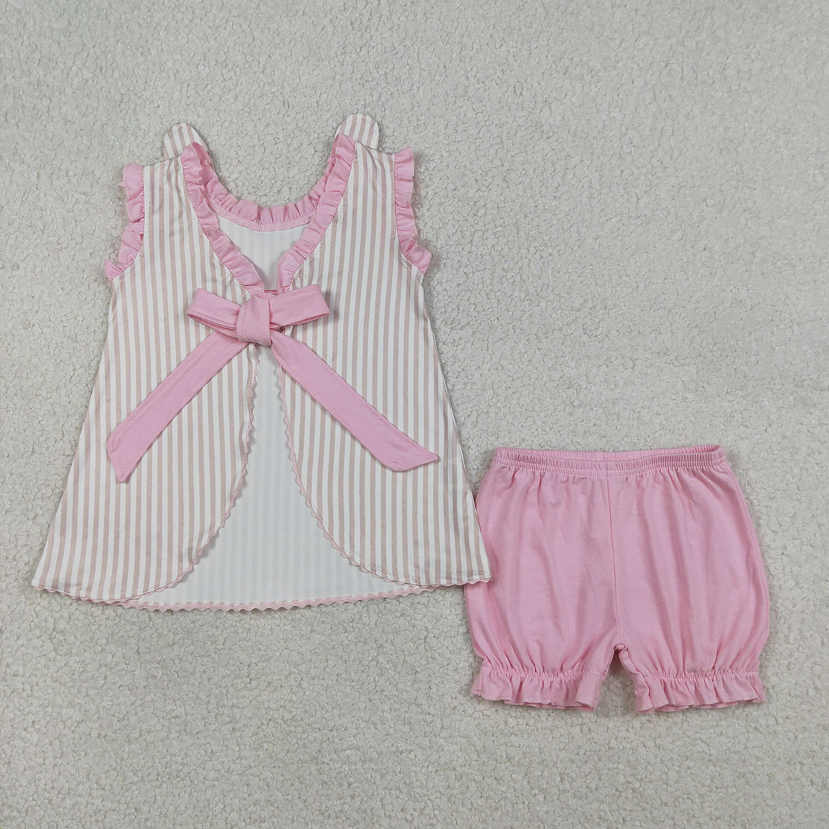 RTS NO MOQ GSSO2924 Baby Girls Easter Outfit Embroidered Rabbits Tunic with Back Bows Stripe Ruffle Shorts Set
