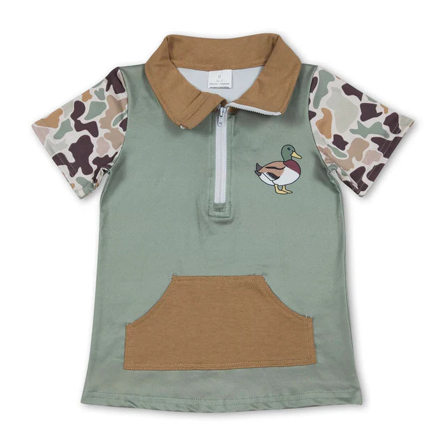 RTS NO MOQ Sibling Baby Boys Short Sleeve Southern Camo Zipper Pockets Hunting Pullovers Top