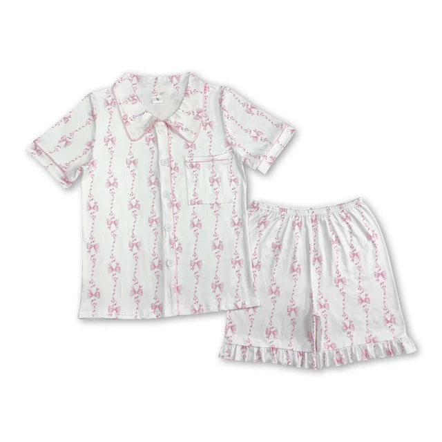 RTS NO MOQ Sibling Adult Women Colorful Bows Lapel Buttons Tops Shorts Pajamas