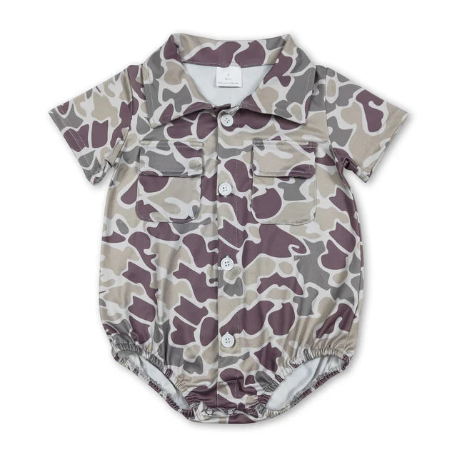 RTS NO MOQ Sibling Baby Boys Southern Orange Camo Button Pockets Rompers