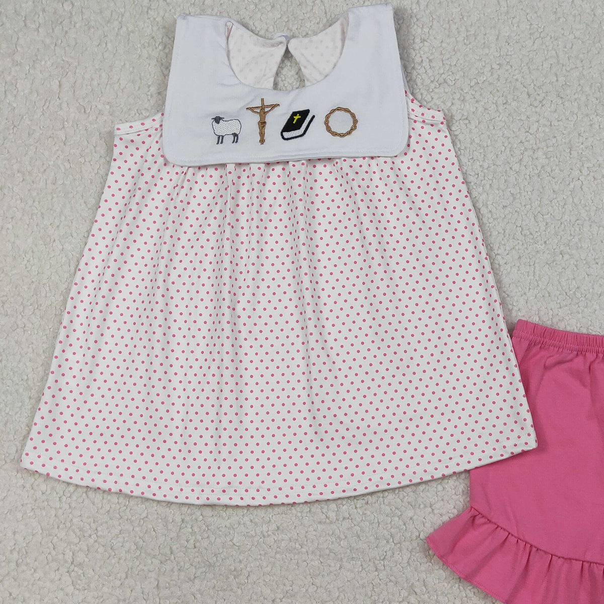 RTS NO MOQ GSSO3019 Embroidery Cross Baby Girls Polka Dots Tunic Ruffle Shorts Outfit Set Cute Girl's Clothing
