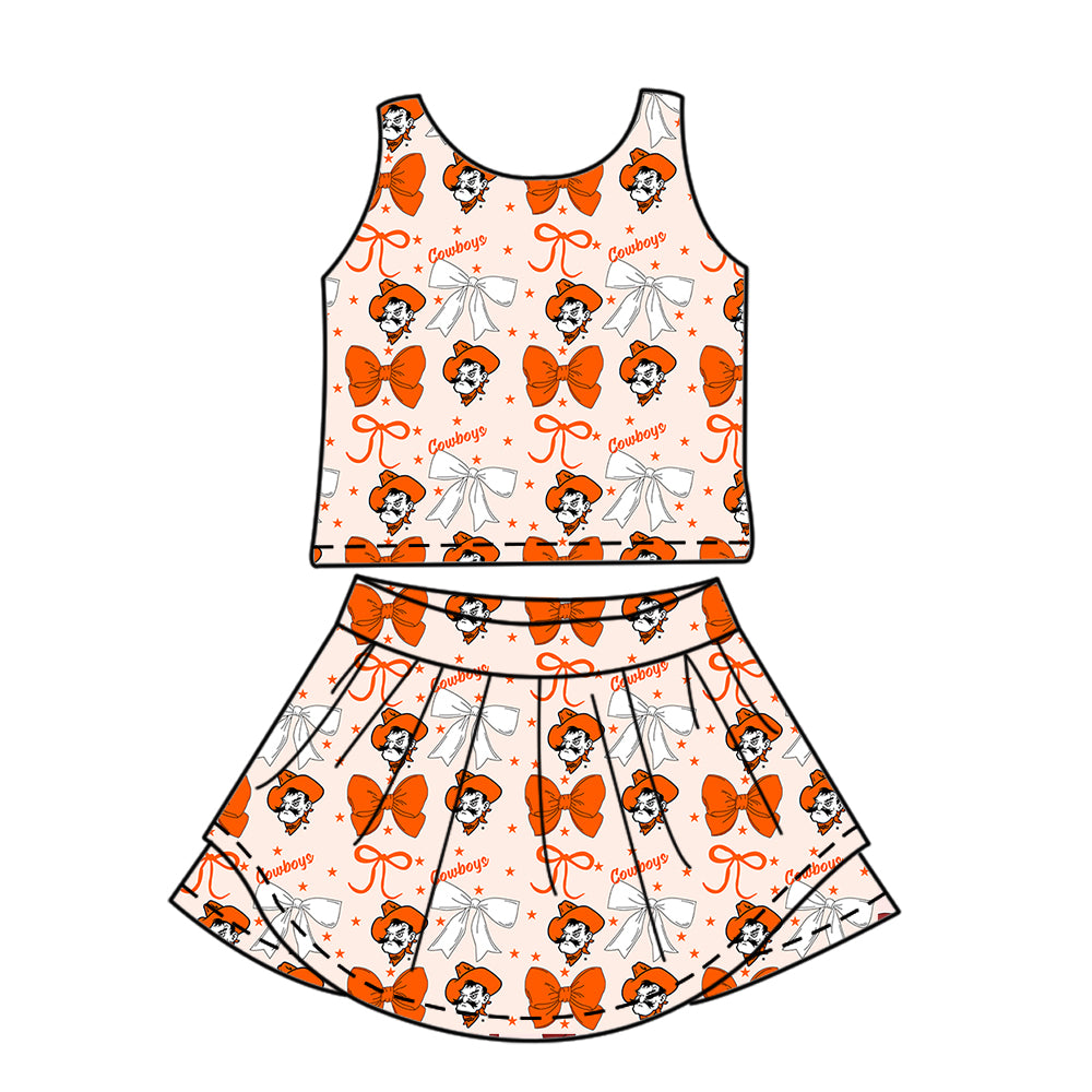 Custom moq 5 mix size milk silk summer teams baby girls clothes team bow orange sleeveless skirts sets and dress 1 and dress 2 and top-25.6.23