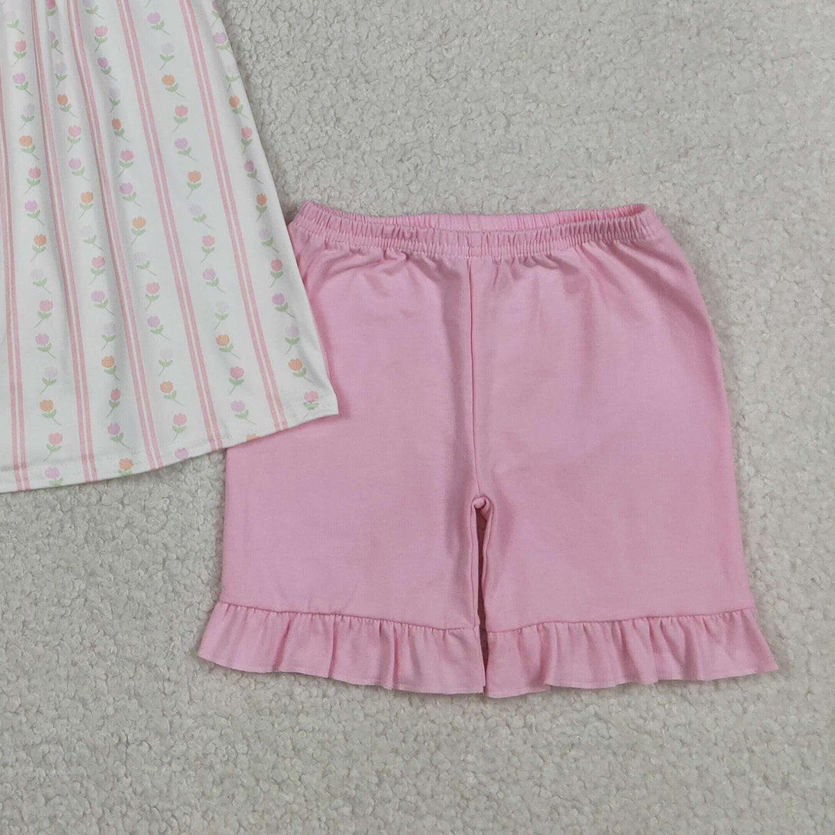 RTS NO MOQ GSSO3363 Baby Girls Pink Flowers And Stripe Collar Tunic with Ruffle Shorts Outfit Set Cute Infant Clothing