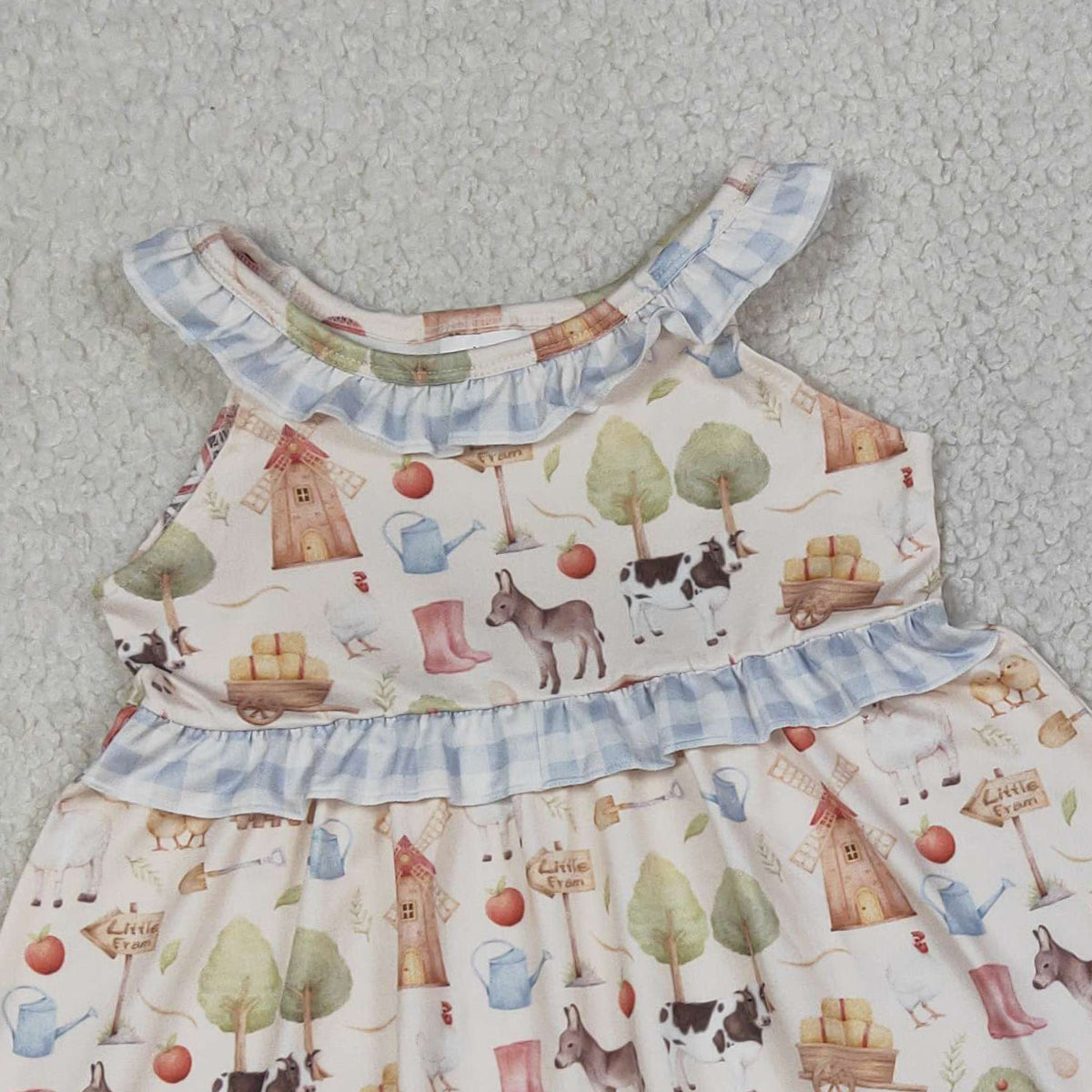 RTS NO MOQ GSSO3077 Baby Girls Farm Animal Print Sleeveless Tunic with Ruffle Checked Shorts Set Cute Pig Cow Outfit for Little Ones
