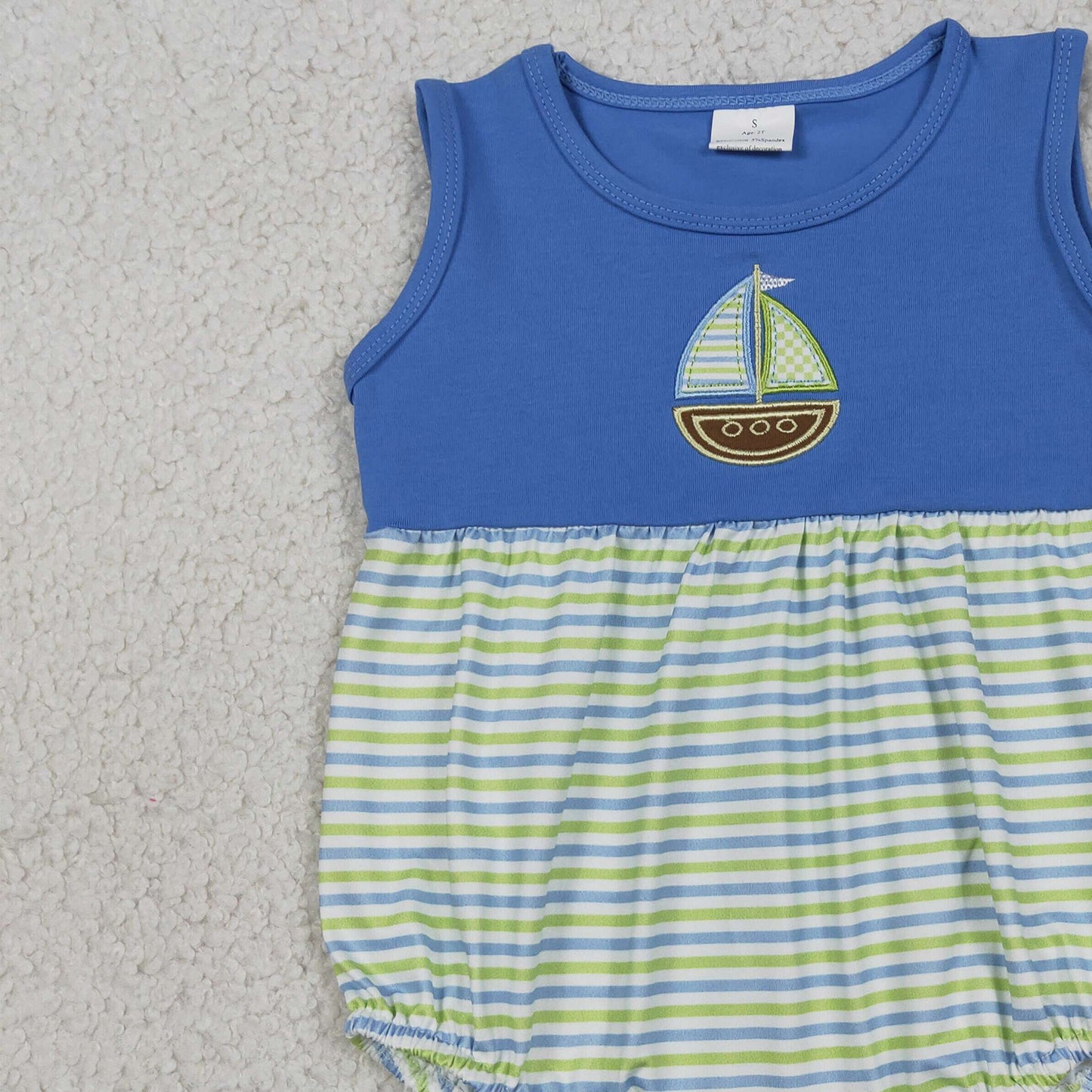 RTS NO MOQ milk silk SR3892 Baby Boys Sleeveless Stripe Embroidery Boat Baby Rompers
