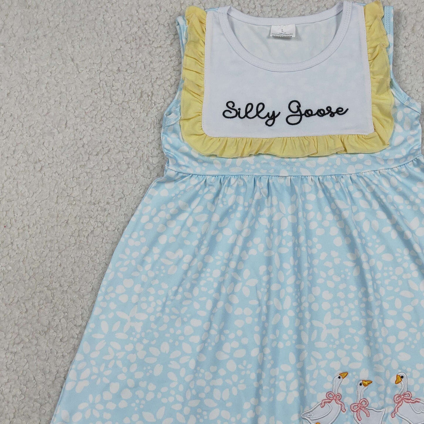 RTS NO MOQ milk silk GSD2970 Baby Girls Silly Goose And Flower Embroidery Sleeveless Knee Length Dresses