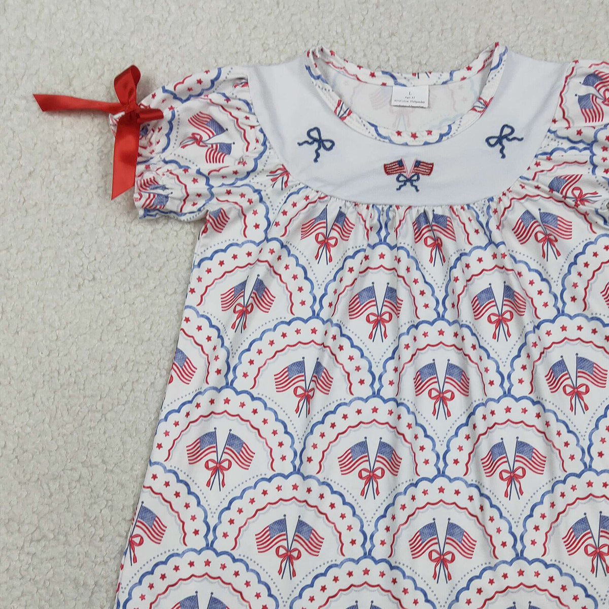 RTS NO MOQ GSD3525 Baby Girls' Checked Knee-Length Dress Embroidered Bows Flags 4th of July Outfit for Toddlers