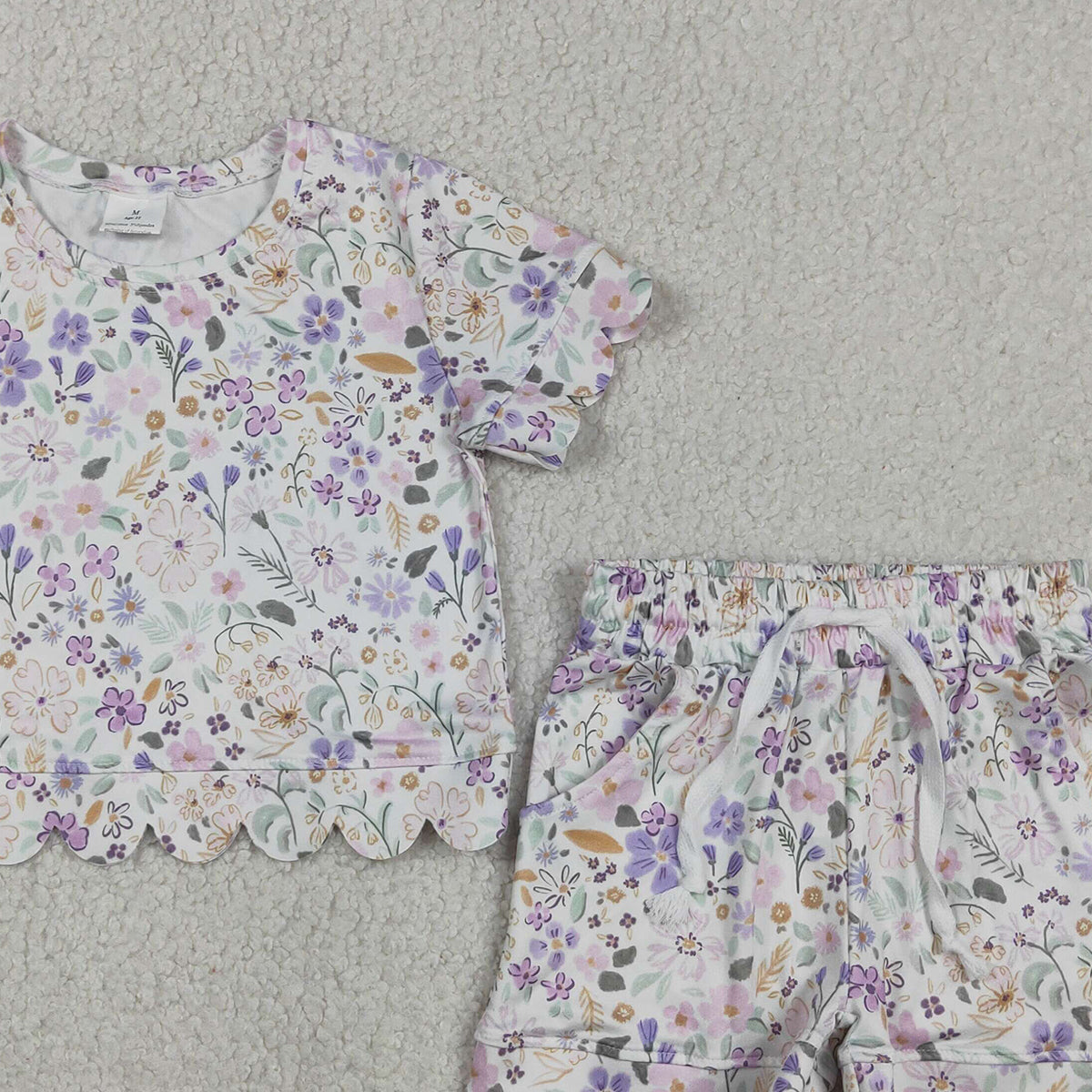 RTS NO MOQ GSSO3267 Baby Girls Lovely Colorful Flowers Short Sleeve Top Pocket Scalloped Shorts Two Piece Set