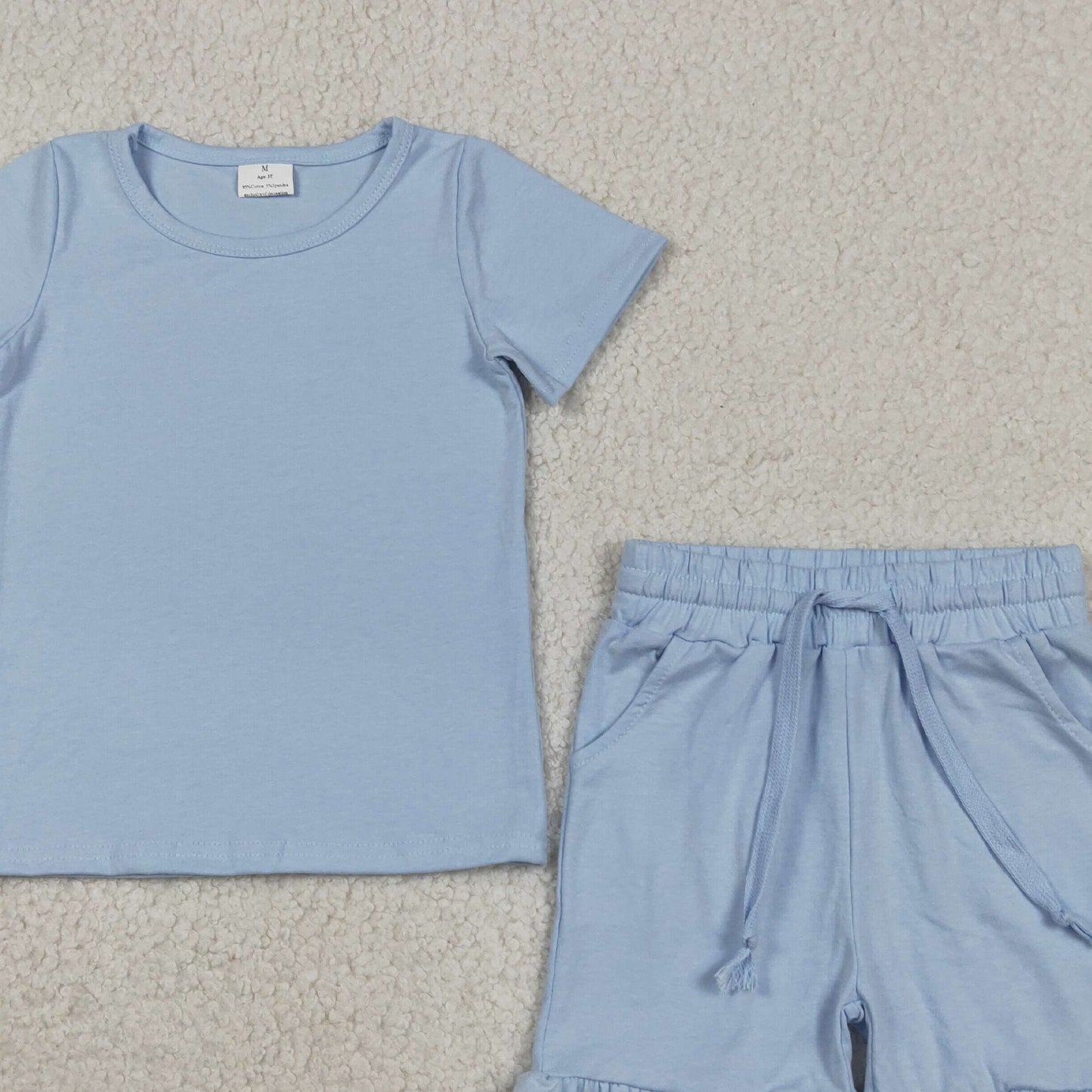 RTS NO MOQ GSSO3349 milk silk Baby Girls Summer Light Blue Short Sleeve Pocket Ruffle Set
