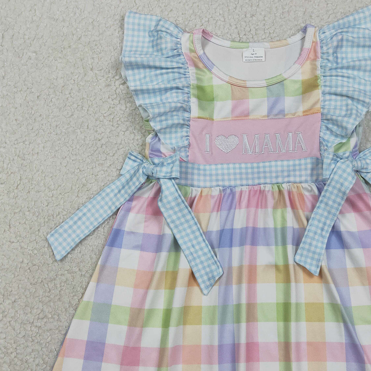 RTS NO MOQ GSD2940 Baby Girls Embroidered 'I Love Mama' Dress Colorful Checked Knee-Length Girls Dress
