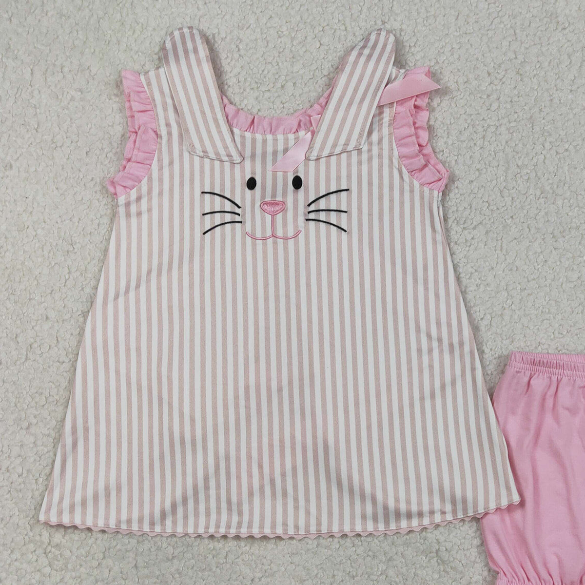 RTS NO MOQ GSSO2924 Baby Girls Easter Outfit Embroidered Rabbits Tunic with Back Bows Stripe Ruffle Shorts Set