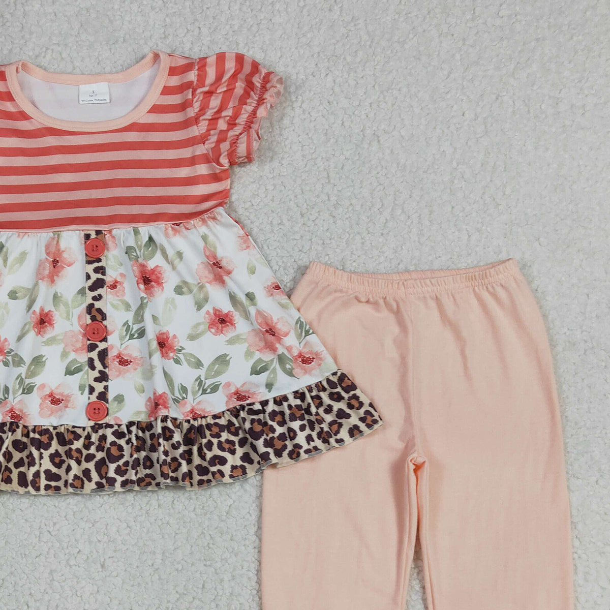 RTS NO MOQ GSPO1044 Baby Girls Leopard Flower Print Tunic with Ruffle Pants Outfit Set Cute Baby Girl Clothing Set
