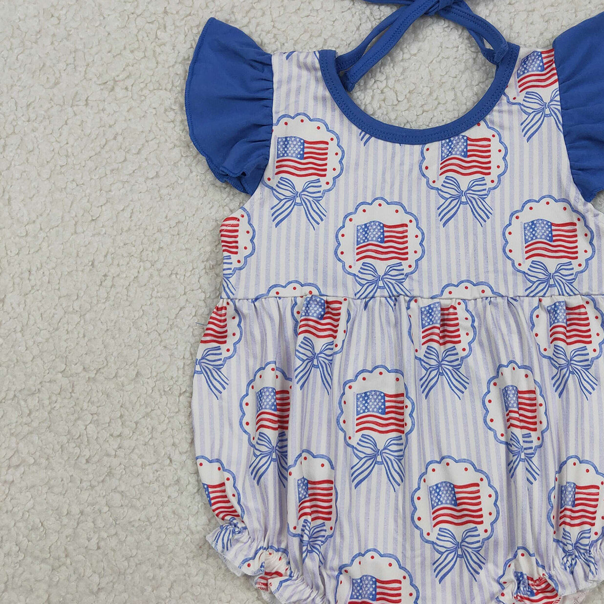 RTS NO MOQ SR4029 Baby Girls 4th of July Ruffle Rompers with Flutter Sleeves Stripe Bows Flags