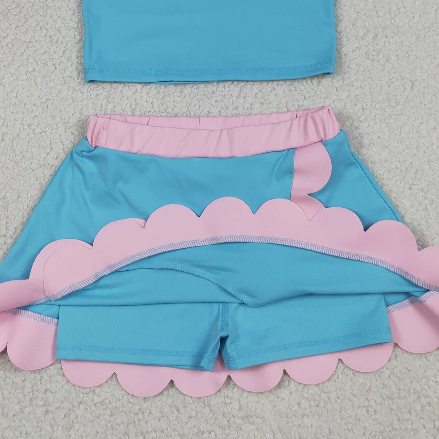 RTS NO MOQ yoga fabric cotton GSD4013 Yoga Baby Girls Cute Sleeveless Lake Blue Vest Scallop Skirt Yoga Set
