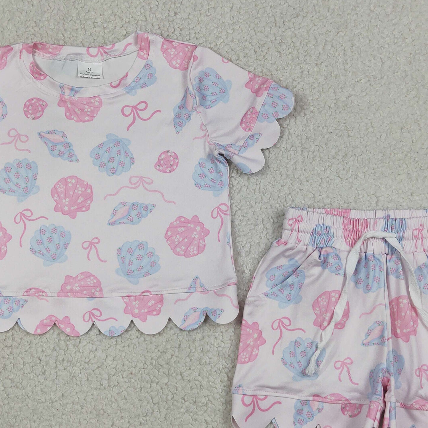RTS NO MOQ milk silk GSSO3731 Baby Girls Bow Flower Shell Top Pocket Scallop Short Set