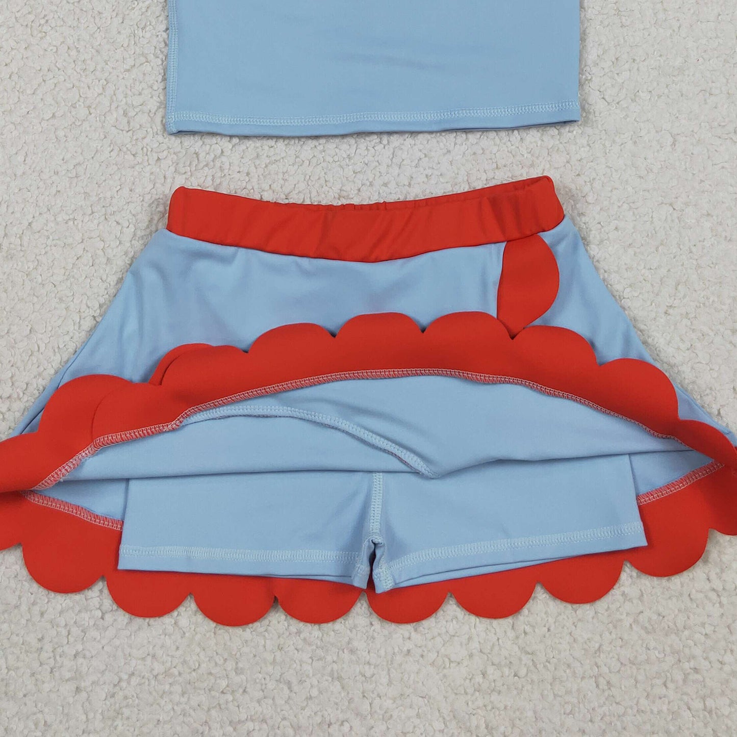 RTS NO MOQ yoga fabric cotton GSD4020 Baby Girls Cute Blue Red Sleeveless Vest Scallop Skort Active Set