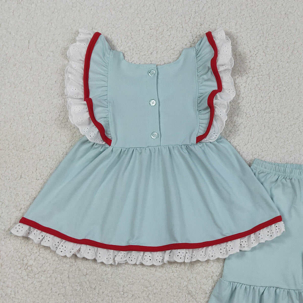 RTS NO MOQ GSSO2926 Embroidered Baby Girls' 4th of July Outfit Set with Flutter Sleeve Tunic And Ruffle Shorts