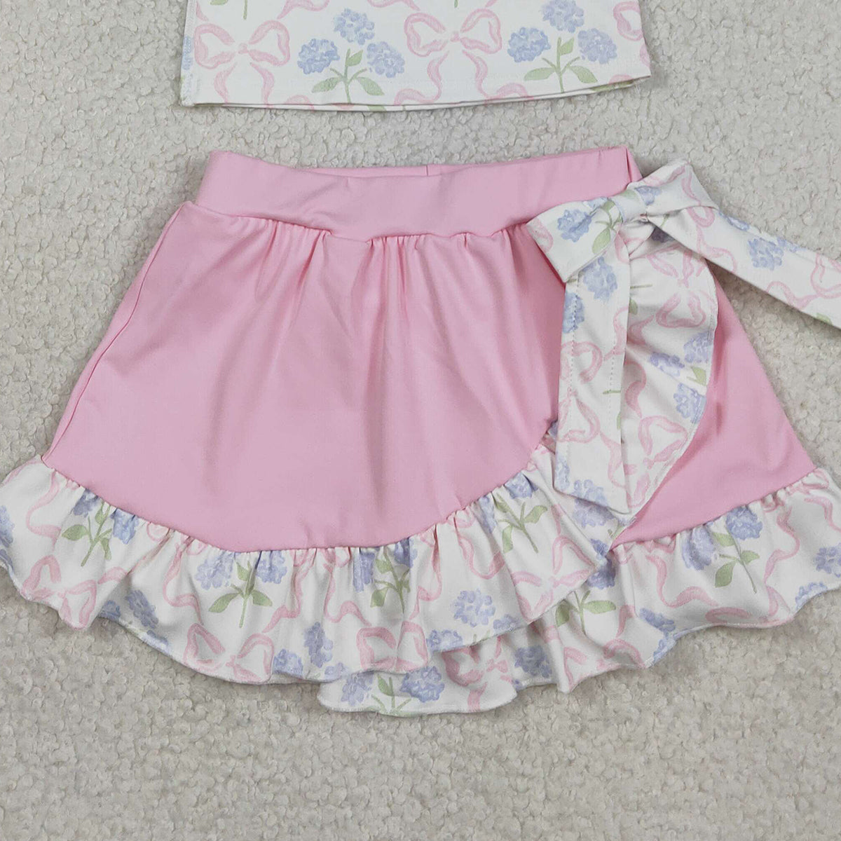 RTS NO MOQ GSD3478 Baby Girls Yoga Active Clothes Set Bows Flowers Button Vest Top Ruffle Skirt Shorts