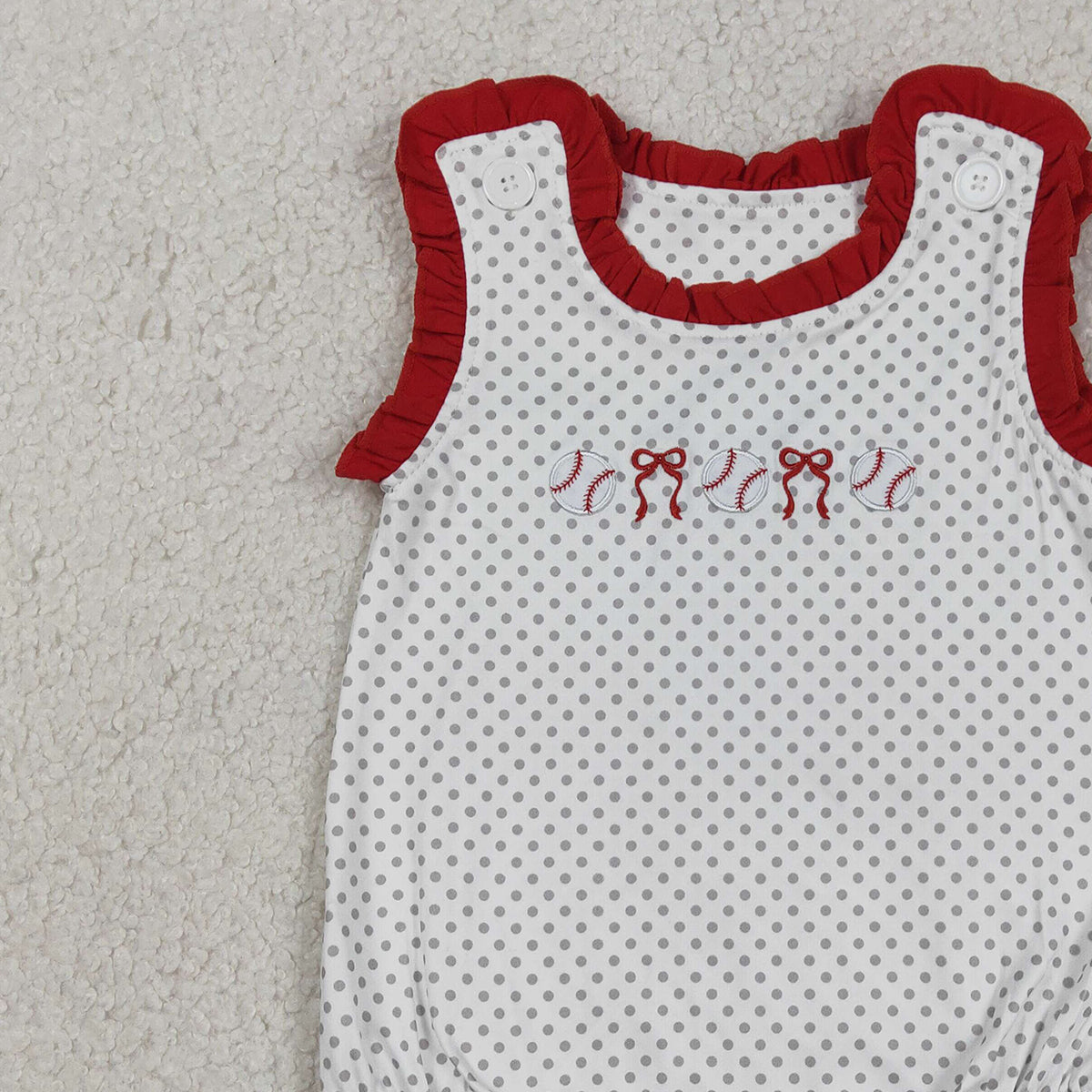 RTS NO MOQ SR3581 Baby Girls Polka Dots Team Ruffle Rompers with Embroidery Bows And Baseballs