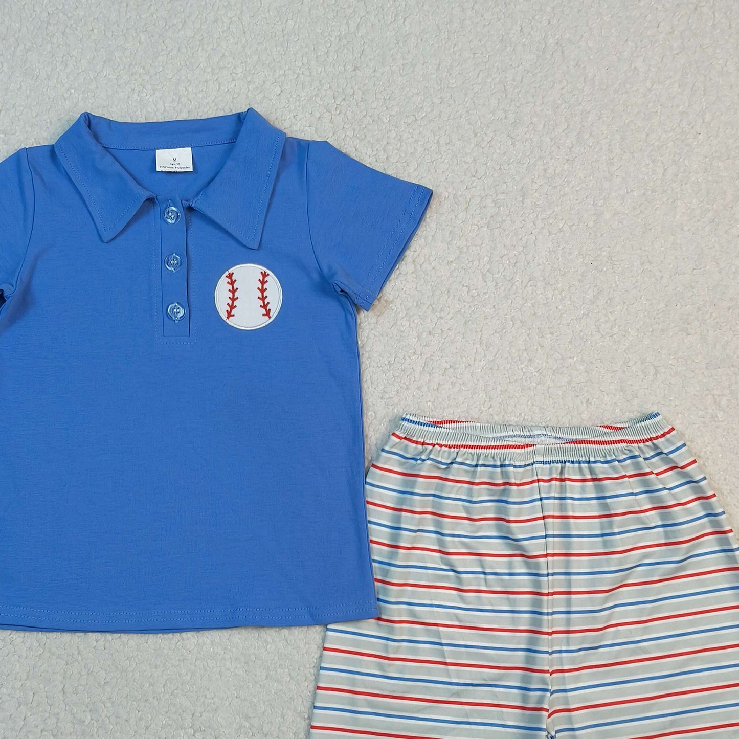 RTS NO MOQ BSSO1877 Baby Boys Blue Button Polo Top Embroidery Baseballs Stripe Shorts Team Outfit