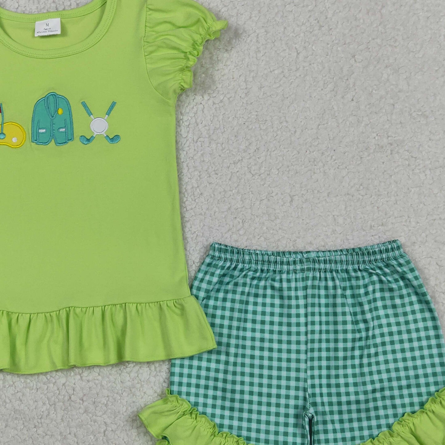RTS NO MOQ GSSO3033 Baby Girls Golf Style Embroidery Flag Top Green Checked Ruffle Shorts
